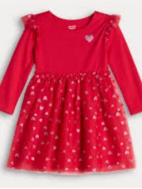 Jumping Beans Red Long-Sleeve Dress With Heart Print Tulle Skirt, Size 4, NWT